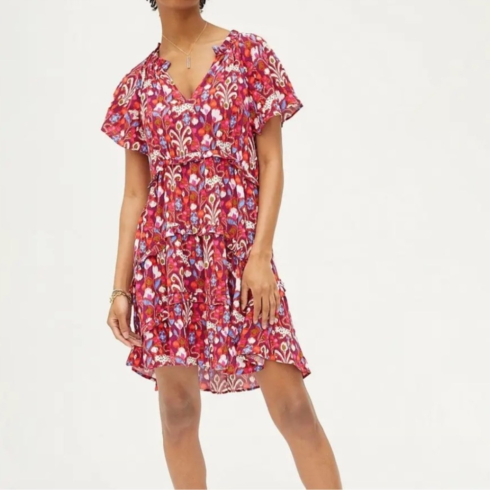 Anthropologie Rasberry Floral Robin Tiered Mini Dress